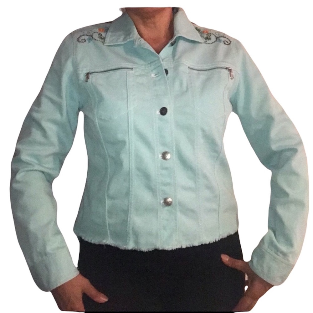 Itw by Claude Brown embroidered beaded Button Up Teal blue denim jacket size 8